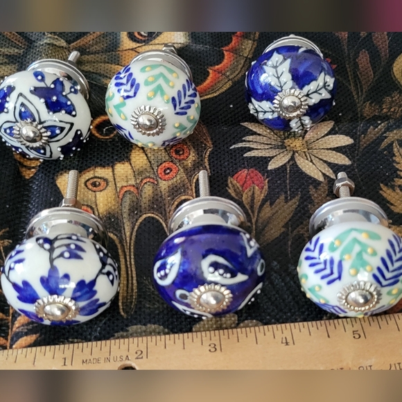 6 Mileh Hand painted Ceramic drawer pulls. Blue.. New. Very Pretty - Picture 2 of 7